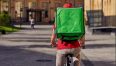 Delivery man with green refrigerator bag riding away on bicycle at sunny day. Food delivery concept